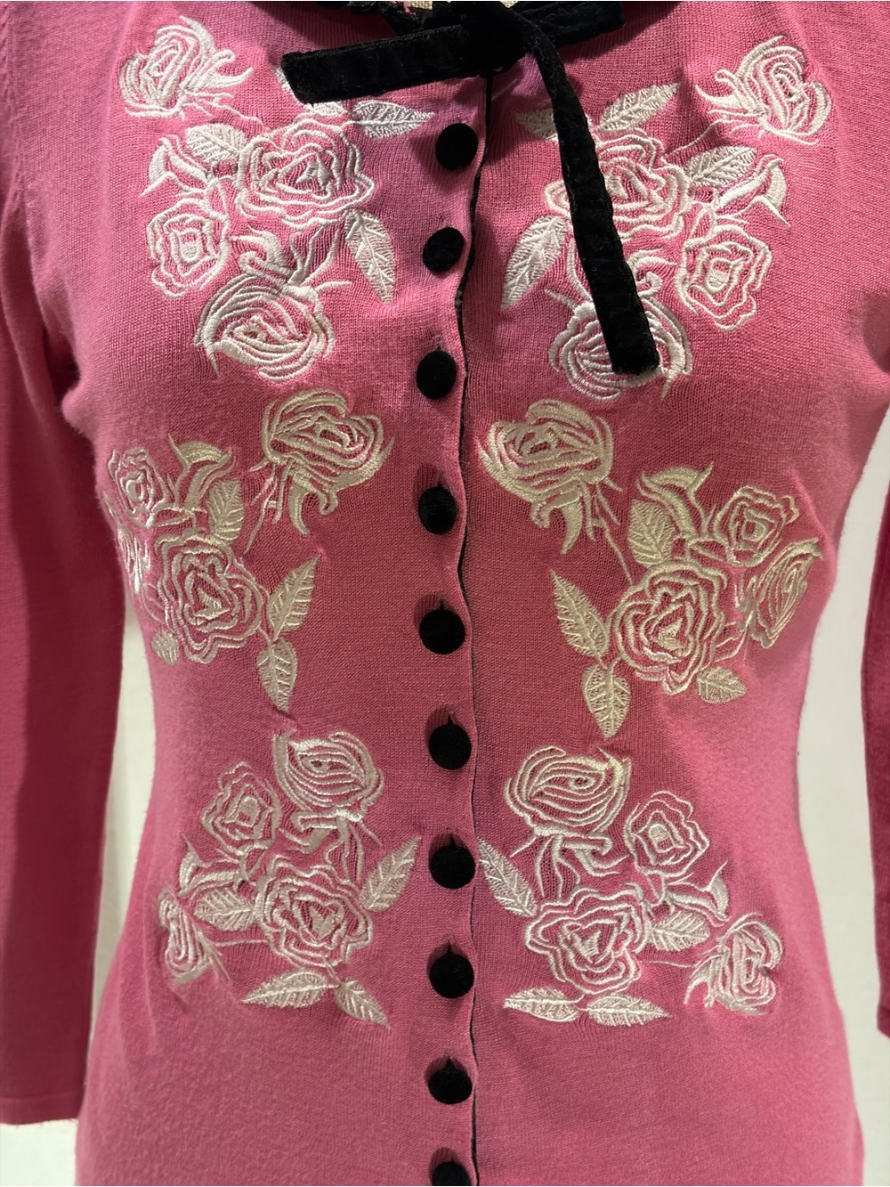 Embroidered Rose Button-Up Cardigan - Coral with Black Trim - Picture 2 of 14